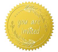 CRASPIRE 144pcs 2 Inch You Are Invited Gold Embossed Envelope Seals Stickers Word Leaf Gold Foil Stickers Certificate Seals Self Adhesive Medal Decoration Label for Wedding Invitations Gift Packaging