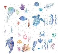 CRASPIRE 16 Sheets Sea Animals Wall Decals Ocean Turtle Sharks Jellyfish Coral Starfish Window Stickers PVC Peel and Stick Waterproof Self Adhesive Cling for Home Decor Bedroom Shower Room Bathroom