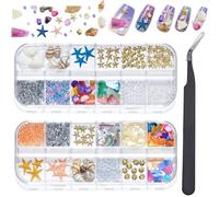 CRASPIRE 2 Boxes Natural Ocean Nail Art Charms Kit 3D Summer Beach Seashell StarfishConch Tweezer Nail Rhinestones Abalone Nails Flakes Studs Gems Beads Irregular Stone for DIY Women Design Decor