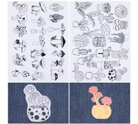 CRASPIRE 2 Sheets Mushroom Cactus Pot Water Soluble Embroidery Patterns Stabilizers Hand Sewing Stick and Stitch Transfers Fabric Wash Away Pre-Printed Self Adhesive for Bags Cloth Sewing Lovers