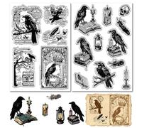 CRASPIRE 2 Sheets Raven Stamp Rubber Crow Light Oil Lamp Book Pattern Retro Skull Clear Decorative Silicone Seal Stamps for Card Making Photo Album Decor Decoration DIY Scrapbooking 6.3x4.3inch