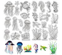CRASPIRE 2 Sheets Sea Animal Clear Rubber Stamps Transparent Silicone Seal Ocean Clears Stamp for Card Making Marine Fish Turtle Seahorse Sealing DIY Scrapbook Photo Album Decor Reusable Crafting