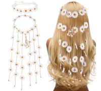 CRASPIRE 2 Styles Daisy Flower Crown Headbands Floral Boho Crown with Tassel Hippie White Hair Wreath Headbands Adjustable Headpiece Hair Accessories for Women Girls Bridal Prom Wedding Party