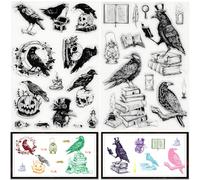 CRASPIRE 2 Styles Raven Clear Stamps Crow Book Skull Gothic Reusable Background Postmark Transparent Silicone Stamp Seals for Journaling Card Making Decor Halloween DIY Scrapbooking Supplies