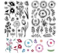 CRASPIRE 2 Styles Wreath Clear Stamps Butterfly Tulips Dandelions Daisies Plant Flowers Leaf Reusable Transparent Silicone Stamp Seals Postmark for DIY Scrapbooking Journaling Card Making Decor