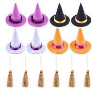CRASPIRE 22Pcs Mini Witch Hats Black Purple Orange Gray Felt Small Brooms Broomstick Halloween Decorations Polyester for Miniatures Wizard Dollhouse Party Favors Birthday Wedding DIY Crafts Accessory