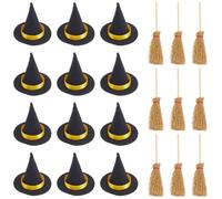 CRASPIRE 24Pcs Black Mini Witch Hats Felt Small Witches Brooms Broomstick Halloween Decorations Polyester for Miniatures Wizard Dollhouse Carnival Party Favors Birthday Wedding DIY Crafts Accessories