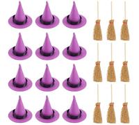 CRASPIRE 24Pcs Mini Witch Hats Purple Felt Small Witches Brooms Broomstick Halloween Decorations Polyester for Miniatures Wizard Dollhouse Carnival Party Favors Birthday Wedding DIY Crafts Accessories