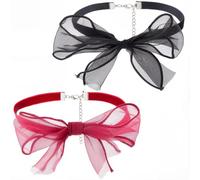 CRASPIRE 2Pcs Bow Choker Collar Red Velvet Choker Bow Black Gauze Bowknot Tie Lace Cloth French Elegent Lolita Retro Adjustable Suede Fabric Necklaces for Dress Wedding Party Prom Jewelry DIY Decor