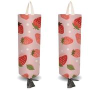 CRASPIRE 2Pcs Cute Strewberry Plastic Grocery Bag Holder with 4Pcs Hooks Reusable Wall Mount Heavy Duty Shopping Storage Bag Sack Canvas Waterproof Washable Organizer Dispenser for Home Kitchen Store