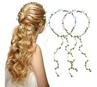 CRASPIRE 2Pcs Flower Garland Headpiece Floral Crown Headbands 2 Colors Blue Pink Polyester Rose Green Leaf Boho Wreath Hairband Accessories for Women Wedding Festival Holiday Fairy Party Hair Decor