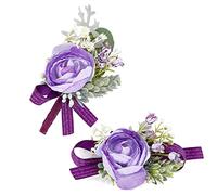 CRASPIRE 2PCS Flower Wrist Corsage Wedding Flowers Accessories Artificial Purple Rose Silk Wristband Boutonniere Buttonholes Rose Wrist Corsage