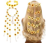 CRASPIRE 2Pcs Sunflower Crown Headbands Flower Boho Crown with Tassel Hippie White Hair Wreath Headbands Adjustable Headpiece Hair Accessories for Women Girls Bridal Prom Wedding Party