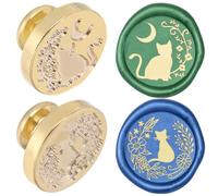 CRASPIRE 2Pcs Wax Seal Stamp Head Cat Removable Animal Flower Moon Sealing Stamp Brass Head for Creative Gift Envelopes Invitations Cards Decoration DIY Scrapbooking Embellishment