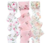 CRASPIRE 3 Rolls Floral Chiffon Ribbon Fringe 16Ydsx1.7In White Pink Handmade Frayed Edge Fabric Silk Ribbons Set for Wedding Party Birthday Invitations Spring Flower Bouquets Gift DIY Craft Wrapping