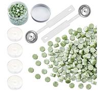 CRASPIRE 300 Pieces Octagon Sealing Wax Beads Sticks with 4 Pieces Tea Candles and 2 Piece Wax Melting Spoon for Wax Stamp Sealing (Green)