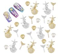 CRASPIRE 36Pcs Summer Beach Nail Art Charms Alloy Mermaid Silver Gold Rhinestones Nails Fish Tail Conch Pearl Shell Studs Accessories Crafts for Women DIY Designs Rivets Supplies Manicure Decoration