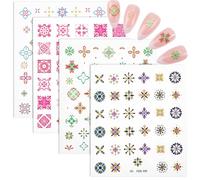 CRASPIRE 4 Sheets Boho Nail Art Stickers 5D Embossed Pink Vacation Bohemian Style Nail Design Stickers Self Adhesive Relief Sticker for Charms Design for Women DIY Manicure Nail Accessories Decoration