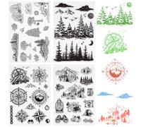 CRASPIRE 4 Sheets Compass Mountain Tree Clear Rubber Stamps Forest Scenery Background Reusable Transparent Silicone Stamp Seals Vintage for Journaling Card Making DIY Scrapbooking Supplies Crafting