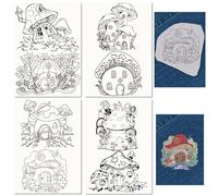 CRASPIRE 4 Sheets Mushroom House Water Soluble Embroidery Stabilizers Hand Sewing Stick and Stitch Transfers Paper Wash Away Pre-Printed Self Adhesive Patterns for Bags Cloth Sewing Lovers Beginner