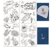 CRASPIRE 4 Sheets Sea Animal Ocean Water Soluble Embroidery Stabilizers Turtle Seahorse Hand Sewing Stick and Stitch Transfers Paper Wash Away Pre-Printed Self Adhesive Patterns for Cloth Sewing Lover