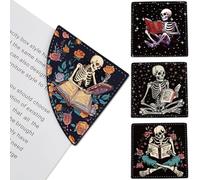CRASPIRE 4 Style Leather Corner Bookmark Funny Skull Reading Books Book Page Markers Clip Set Corner Marks Skeleton Gothic Rose Halloween Accessories for Writer Lovers Women Men Teachers Students Gift