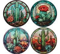 CRASPIRE 4 Styles Cactus Round Window Stickers Plant Film Waterproof Static Window Decals Cling PVC Non Adhesive Stickers for Home Decoration Store Glass Door Display