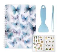CRASPIRE 40 Sheets Reusable Sticker Album Sticker Collecting Books A5 Release Paper Waterproof Blue Butterfly Blank Collection Storage Organizer Holder with Scraper and Tweezer for Storaging Labels