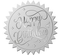 CRASPIRE 408pcs 2 Inch Happy Birthday Embossed Envelope Seals Stickers Waterproof Word Silver Foil Stickers Certificate Seals Self Adhesive Medal Decoration Label for Gift Packaging