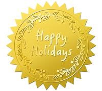 CRASPIRE 408pcs 2 Inch Happy Holidays Gold Embossed Envelope Seals Stickers Word Garlands Round Gold Foil Stickers Certificate Seals Self Adhesive Stickers for Graduation Gift Packaging