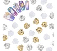 CRASPIRE 48Pcs/Box Sea Shell Nail Charms 3D 3 Colors Summer Ocean Luxury Seashell Gold Silver White Nail Gems Metal Alloy Flat Punk Studs Decor for Women Nail Art DIY Craft Jewelry Decor Accessories