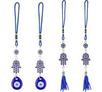 CRASPIRE 4Pcs 2 Styles Blue Evil Eye Glass Car Pendant Hamsa Hand Hanging Ornament with Rope Rear View Mirror Beaded Decoration Tassel Good Lucky Charms Accessories Gift for Window Door Wall Frame