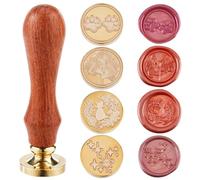 CRASPIRE 4Pcs Paw Star Wreath Cat 25mm Brass Wax Seal Stamp Head + 1Pc Wooden Sealing Stamp Handle Set Removable Wedding Envelope Birthday Party Envelopes Invitations Gift Packing Wrap Decoration