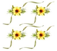 CRASPIRE 4Pcs Sunflower Wrist Corsage Bracelet Yellow Silk Cloth Plastic Imitation Flower Green Leaf with Silk Ribbon Wrist Flower Brooch Set for Bride Bridesmaids Prom Rustic Wedding Decoration