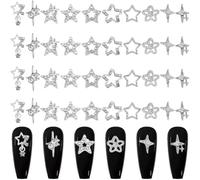 CRASPIRE 60Pcs/Box Glitter Four-pointed Star Nail Charms Rhinestone 10 Styles 3D Y2K Luxury Silver Nail Gems Set Metal Flat Punk Studs Decor for Women Nail Art DIY Crafts Jewelry Decor Accessories