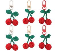 CRASPIRE 6Pcs Crochet Cherry Keychains Wool Knitting Plush Key Chains 3 Color Fruit Cute Hanging Pendant Charm Keyrings for Purse Earphone Bag Wallet Backpack Decorations Party Favors Bulk