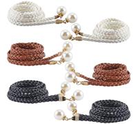 CRASPIRE 6Pcs Skinny Waist Belt for Women 54.37 Inch Black White Brown Adjustable Tie PU Leather Pearl Girdle Braided Chain Belts Thin Woven Chains Belt Rope Boho Fringe Belt for Skirt Dress