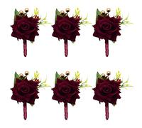 CRASPIRE 6PCS Wedding Boutonniere Wine Red Rose Corsage Buttonhole Flower Groom Groomsman Best Man Wedding Flowers Accessories for Groom Groomsmen Prom