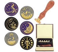 CRASPIRE 7Pcs Sealing Wax Stamp Kit Moon Celestial Wax Seal Stamps Set 6 Style Star Mountain Removable Golden Brass Stamp Head 1Pc Wooden Handle for Wedding Invitations Gift Packing Cards Envelopes