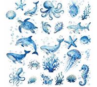 CRASPIRE 8 Sheets Sea Animals Wall Stickers Ocean Fish Turtle Jellyfish Shell Seahorse Dolphin Whale Vinyl PVC Waterproof Self Adhesive Translucence Clings Peel and Stick for DIY Bedroom Living Room