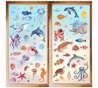 CRASPIRE 8 Sheets Sea Animals Window Decals Stickers Self Adhesive Ocean Whale Turtle Seahorse Coral Squid Whale Jellyfish PVC Waterproof Wall Cling Peel and Stick for Home Decor Living Room Showcase