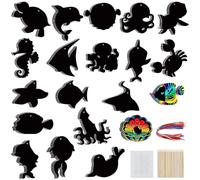 CRASPIRE 80pcs 20 Styles Sea Animals Scratch Paper Tropical Fish Ocean Whales Octopus Shark Rainbow Scratch Art Cards Creative for Fun Party Supplies DIY Crafts Pendant Kit Set With Ribbon Wood Sticks