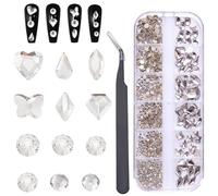 CRASPIRE 810Pcs Silver Nail Rhinestones Kit 6 Shapes Flatback Gems+750Pcs 1.5-4mm Round Glass Charms with Tweezer 3D Resin Crystal Nail Art Glitter Diamond Stone Set for Women Jewelry Decor Supplies