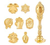 CRASPIRE 8Pcs/Box Christmas Wax Seal Stamp Set Wedding 7 Styles Sealing Stamp Heads 1pc Metal Handle Gold Removable Vintage Baroque Bell Snowflake Flower Kits for Card Envelopes Invitations Decor DIY
