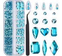 CRASPIRE 980Pcs Aquamarine Blue Nail Rhinestones Kit 6 Shapes Flatback Gems+920Pcs 1.5-6mm Round Glass Charms with Tweezer 3D Resin Crystal Nail Art Glitter Diamond Stone Set for Women Nail Craft