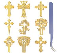 CRASPIRE 9Pcs 4x4cm Cross Gold Metal Stickers with Tweezer Nickel Orgonite Sticker Waterproof Self-Adhesive Decorate Stickers Decals for Scrapbooks DIY Resin Art Crafts Phone Decor