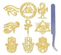 CRASPIRE 9Pcs 4x4cm Gold Metal Stickers Eye of Horus Stickers with Tweezer Nickel Orgonite Sticker Waterproof Self-Adhesive Decorate Stickers Decals for Scrapbooks DIY Resin Art Crafts Phone Decor