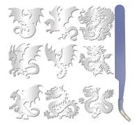 CRASPIRE 9Pcs 9 Styles Dragon Sticker Dragons Decal Silver Metal Waterproof Self Adhesive Vinyl Animal Embossed Stickers with Tweezers for DIY Scrapbooks Resin Crafts Phone Party Bottle Decor Supplies