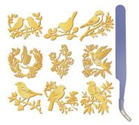 CRASPIRE 9Pcs Bird Sticker Gold Metal Sticker with Purple Tweezer Branch Waterproof Self Adhesive Alloy Decorate Pasters Plant Decals for Scrapbooks DIY Crafts Bottle Phone Laptop Book Cover Decor