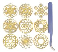 CRASPIRE 9Pcs Gold Sacred Geometry Stickers Gold Magic Stickers with Tweezer Orgonite Metal Scrapbook Self Adhesive Waterproof Decorate Decals for DIY Scrapbooks Art Crafts Phone Case Decor